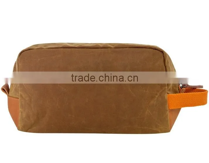 Custom khaki waxed canvas dopp kit with leather trim