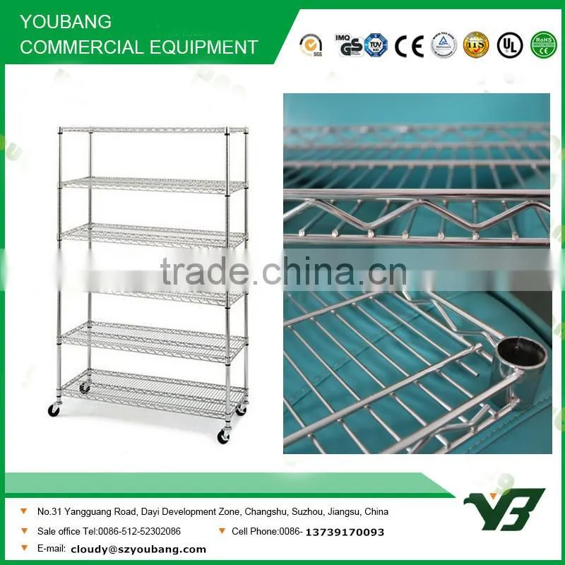 2015 hot sell NSF 150KGS 72x18 inch 6 layer chrome hospital heavy duty wire racks and shelf with wheels (YB-WS025)