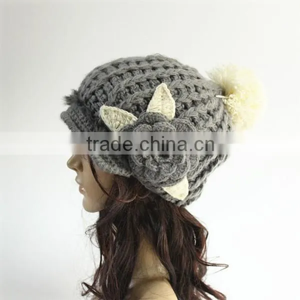 100% Acrylic Winter Knitted Hats With Pompoms