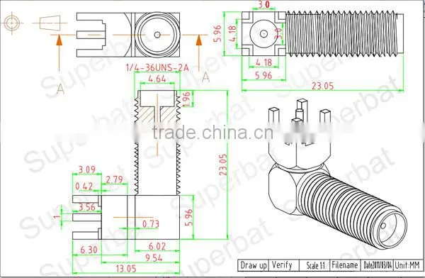 SMA bulkhead jack with O-ring RA thru hole PCB Mount long version