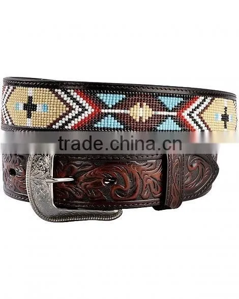 BASKETWEAVE EMBOSS WESTERN MEN BEADED INLAY LEATHER BELT