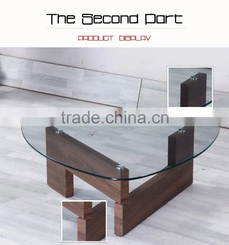 Oval glass top wooden leg coffee table made in China