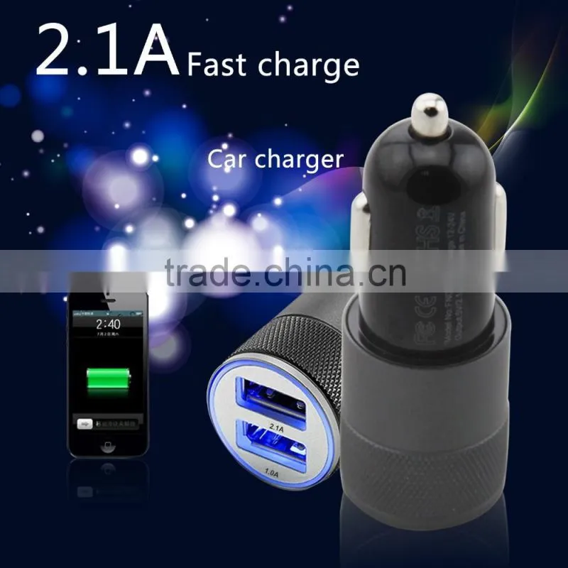 Multifunction 12v 24v 2.1A 1.0A Aluminium Bullet Dual Port USB Universal Car Charger for Iphnoe Ipad Normal Usb Phone