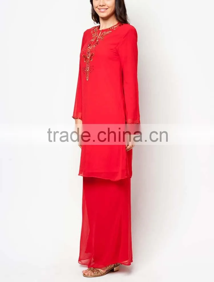 Red 100% polyester embroidered beaded elegant women muslim dress