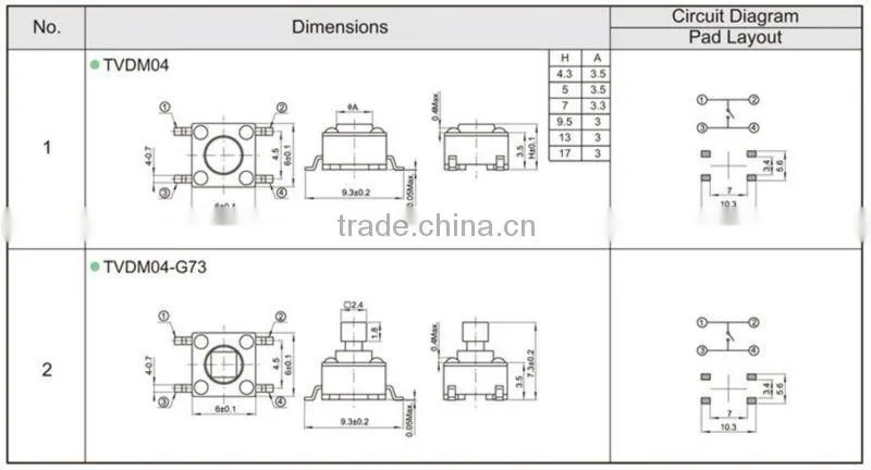 FTVDM04 6mm push button tact switch