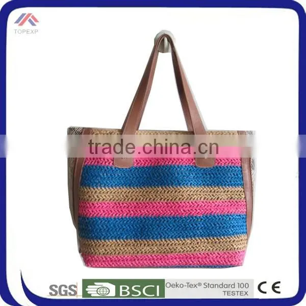 Foldable Straw Bag Bright Colored Handles