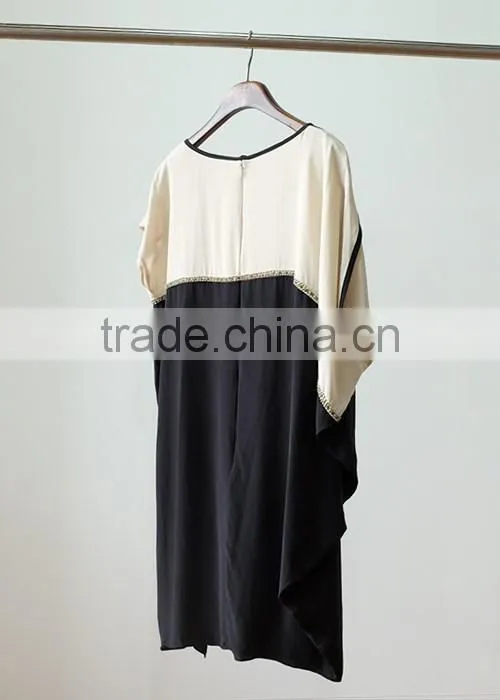 100% silk contrast color dress with beaded round collar