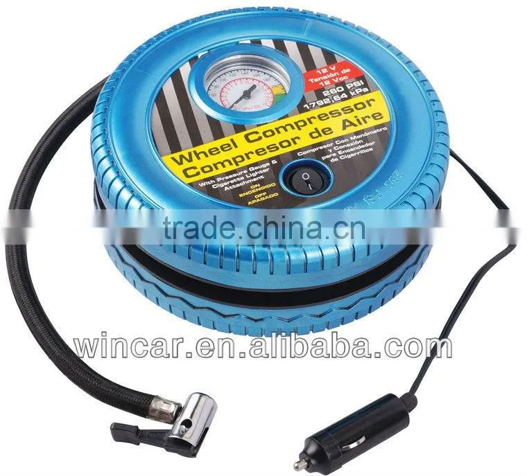 round 12V 260PSI mini air compressor with pressure gauge