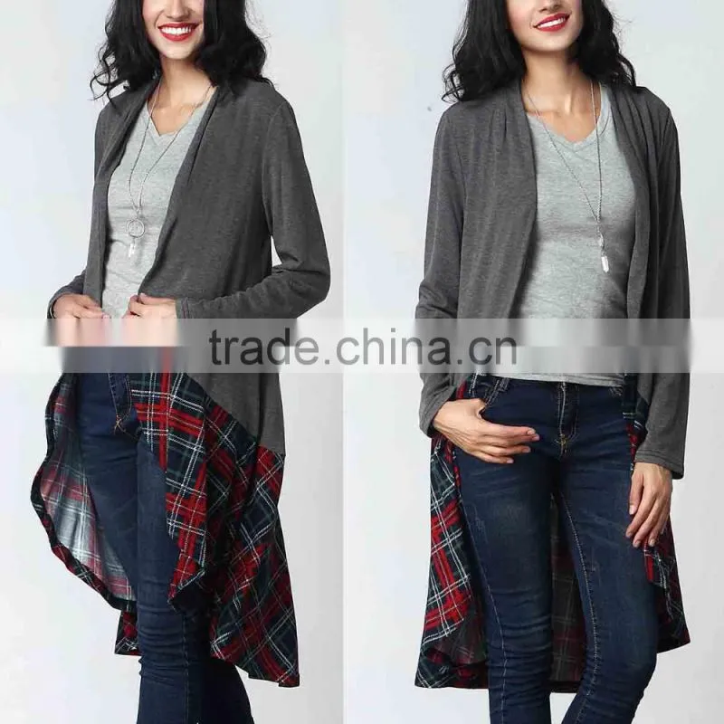 OEM Korean Style Designs Women Fashion Long Sleeve Charcoal Plaid-Hem Drape Sweater Cardigan