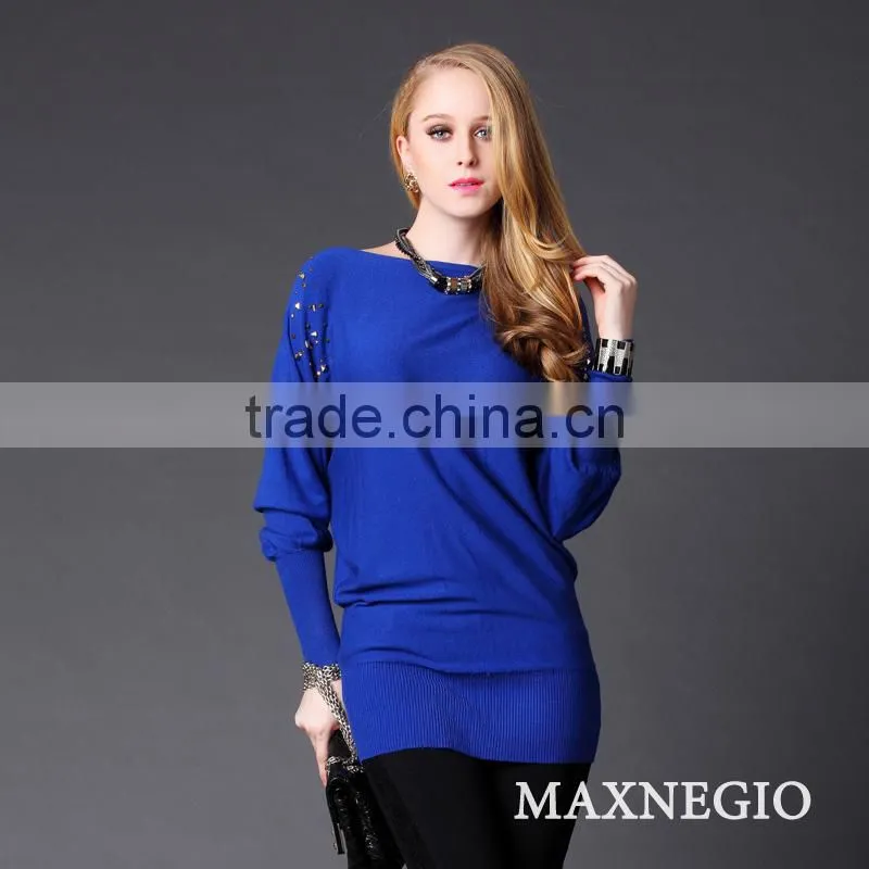 Women royal blue boat neck bat sleeve sweater cashmere sweater dress