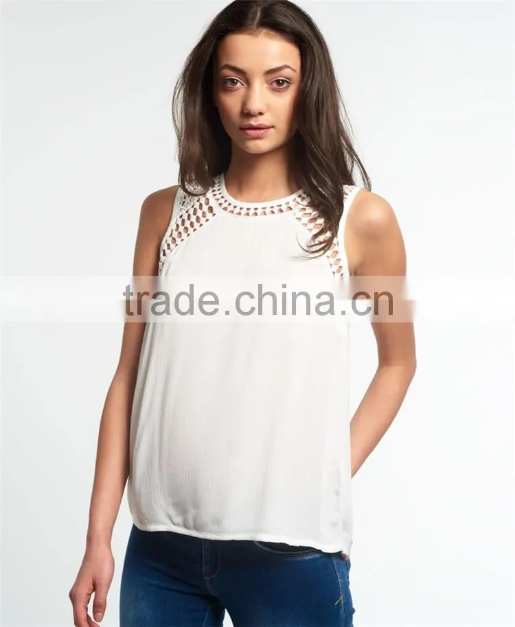 Guangzhou Shandao Supplier Latest Model Casual New Design Sleeveless Net Collar White Chiffon Women Top 2015