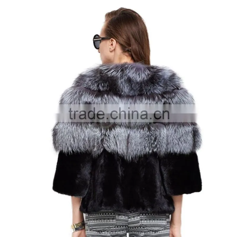 QD30970 Women Winter Real Silver Fox Fur Match Mink Fur Jacket Cross Grain Silver Fox Fur Jacket