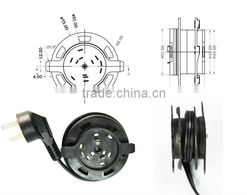 3 pins extension power cord reels and spring retractable cable reel