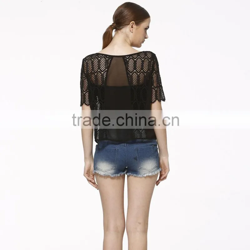 2016 ladies chiffon and lace contrast latest design short sleeve woman blouse