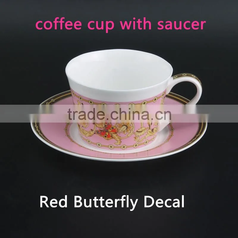 With Red Color Butterfly Decal 250ml Ceramic Coffee Cup Round Shape Bone China Cup with Saucer