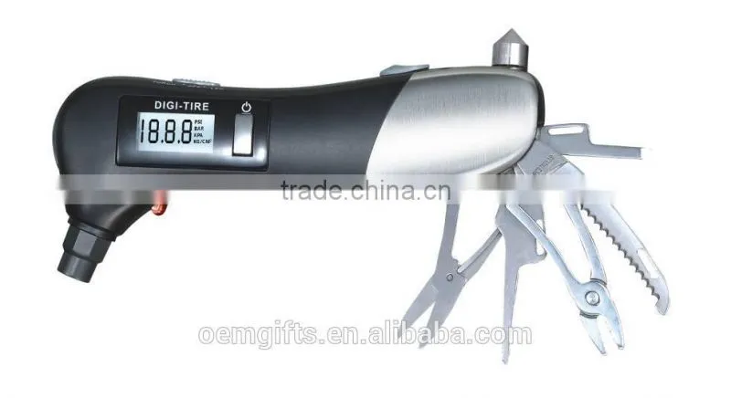 Multifunction LED Flashlihght Digital LCD Tire Gauge Car Tire Pressure Gauge With Emergency Tool