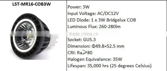 3W MR16 Anti-glare COB LED Spotlight, Replace 35W Halogen, 180-220lm, 3 Years Warranty