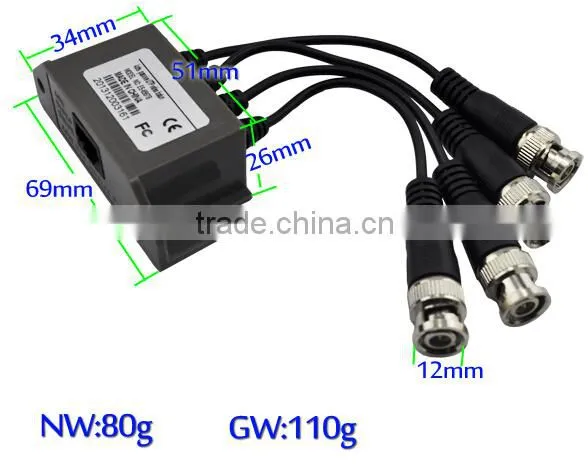 4chs Passive Video Balun for CCTV Camera with BNC connector