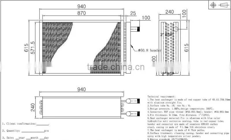 Red Copper Tube Aluminum Fin Heat Exchanger