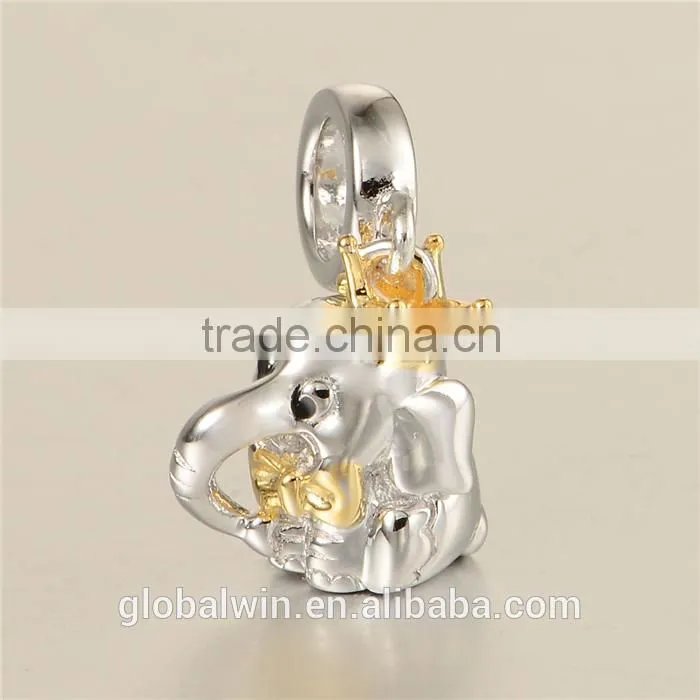 925 Sterling Silver Animal Elephant Slide Gold Plated Charms For European Necklace