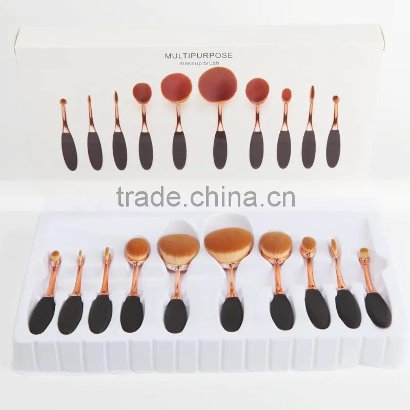 2016 New 90degrees bending rose gold Oval brush set 10pcs Foundation Makeup Brush Sets Powder Blusher Toothbrush makeup brush