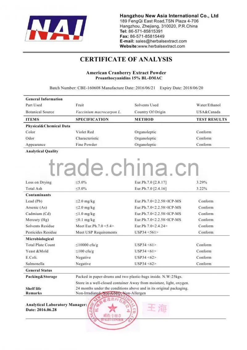 American Cranberry Extract,U.S.A Origin,100% ID Vaccinum Macrocarpon,Proanthocyanidins 5%-15% BL-DMAC;25%-95% UV EP Method