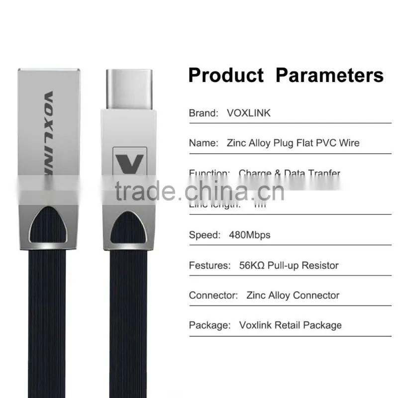 Voxlink 2017 New Zinc Alloy flat Fast Charging Data Sync usb type c Cable for iPhone 6 6s Plus 5s 5 iPad mini/Samsung/HTC