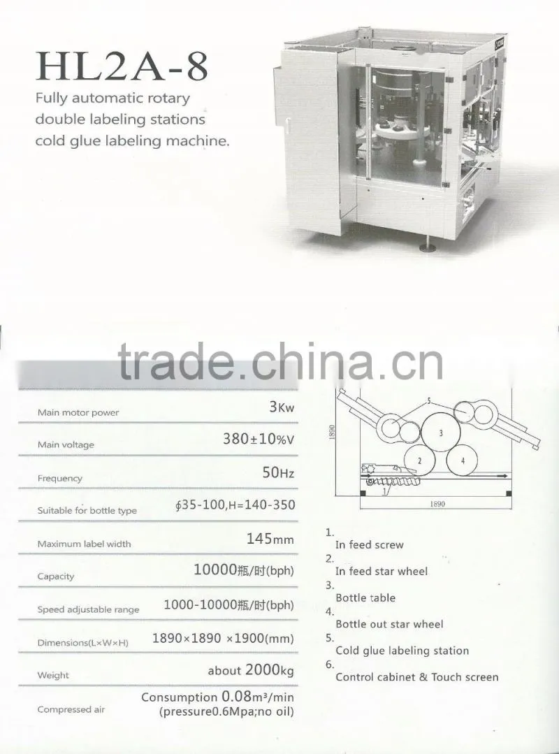 HL2A-8 Full-automatic OPP labeler cold glue bottle labeling machine