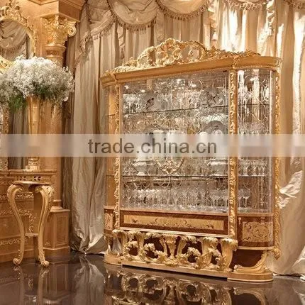Luxury Golden Fou- Door Display Showcase, Gorgeous Decorative Glass Display Cabinet, Solid Wood Carved Wine Cabinet
