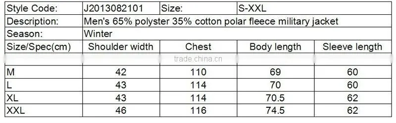 Men's 65% polyester 35% cotton with logo patch zipper collar and pocket military polar fleece jacket