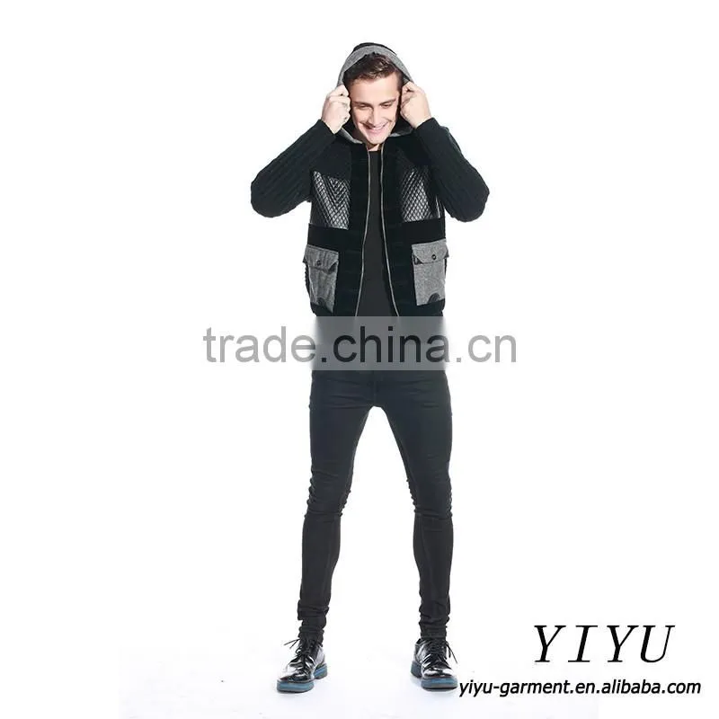 Men Patchwork leather Knitted jackets coat alpaca hooded sweater with zipper