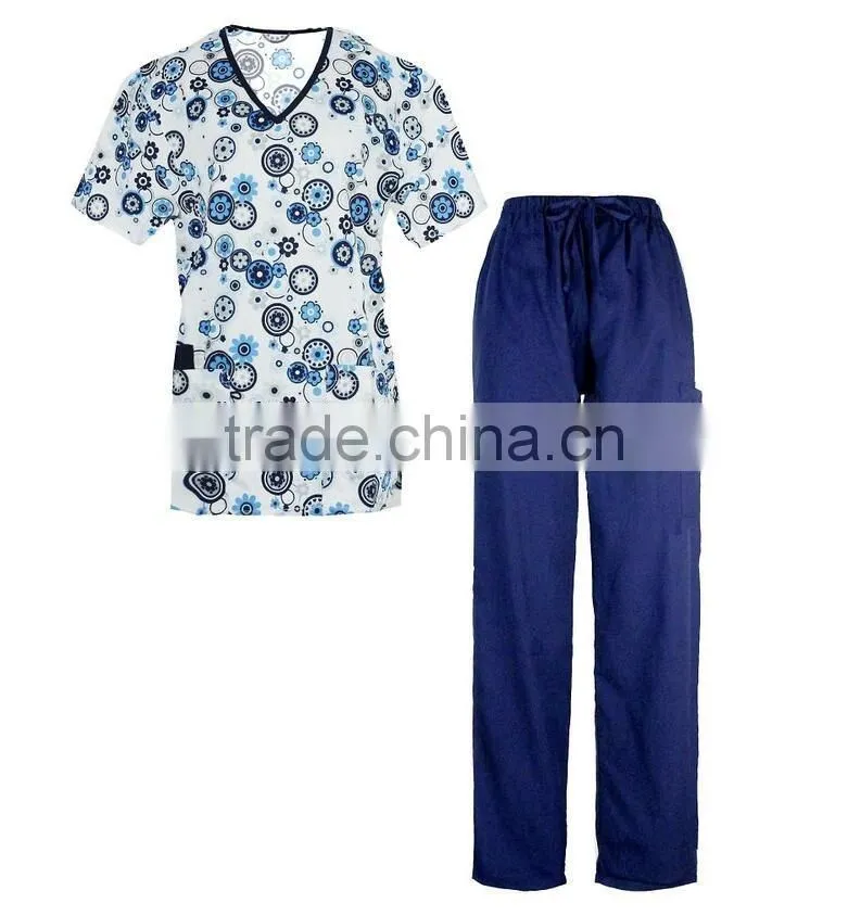 New sexy selling printed medical scrub for women mock wrap sets