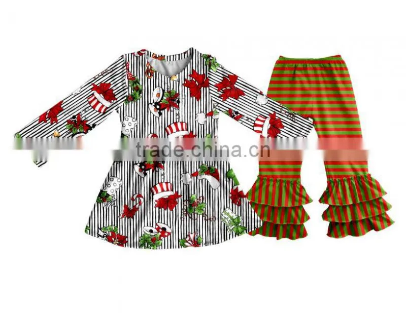 2017 kids halloween clothing designer 100%cotton pumpkin appliqued outfit chevron ruffle pant sets