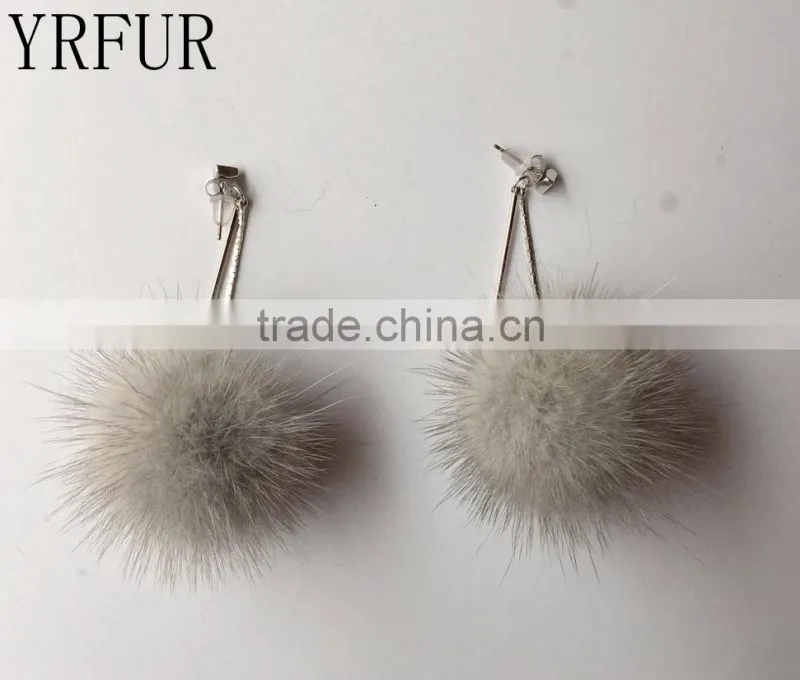 YR1022 Fashion Earrings Mink Fur Pom Pom and Silver Ear Pendants