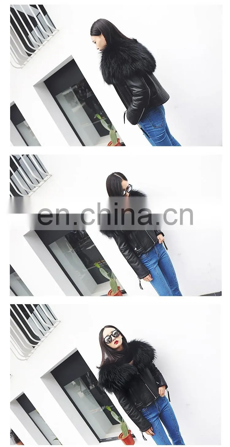 High Fashion Red Real Leather Jackets for Women / Raccoon Fur Collar Leather Jacket Made in China
