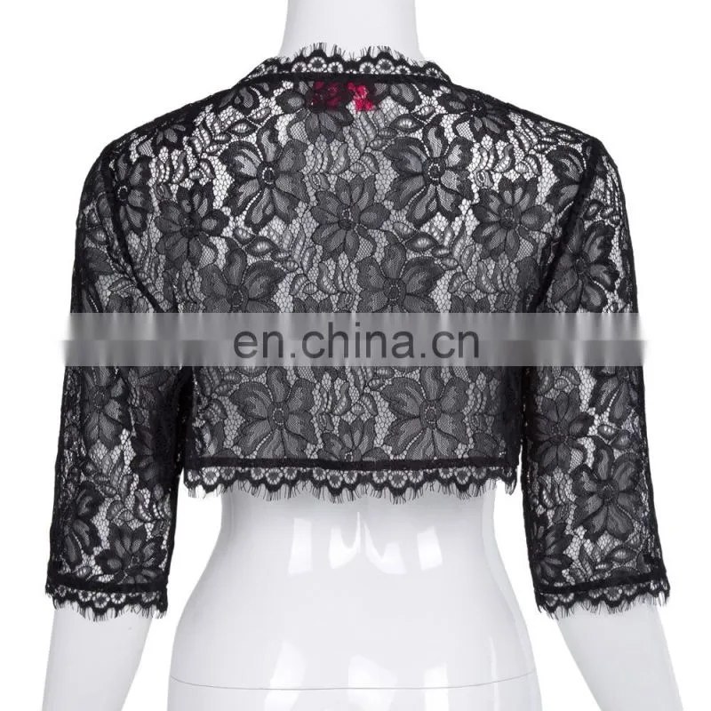 Belle Poque Womens Ladies Wedding Bridal Bridesmaid 3/4 Sleeve Black Lace Shrug Bolero BP000319-1