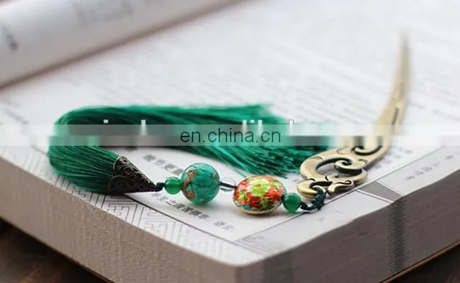 China style antique metal bookmarks with fringe green metal custom engraved logo bookmarks
