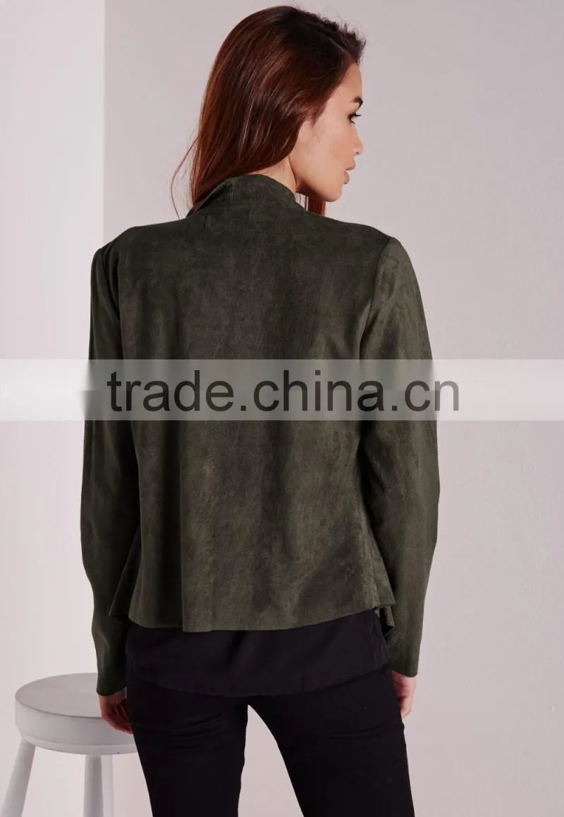 2015 Women Winter Short Waterfall Faux Suede Jacket