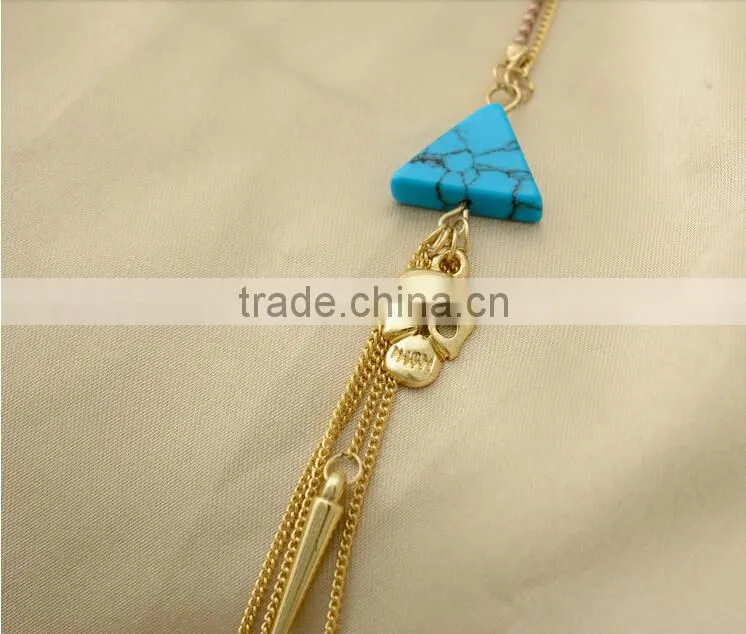 2014 Rivet tassel Turquoise alloy Skull Heads pendant Dainty long tassel necklace set