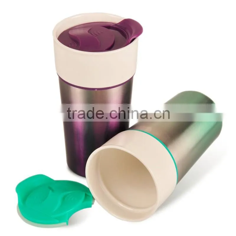 14oz / 400ml Double Wall Colorful Coffee Ceramic Mug With Cover With S/S Outside