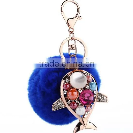 Rabbit fur ball accessory bag keychain with whale charm