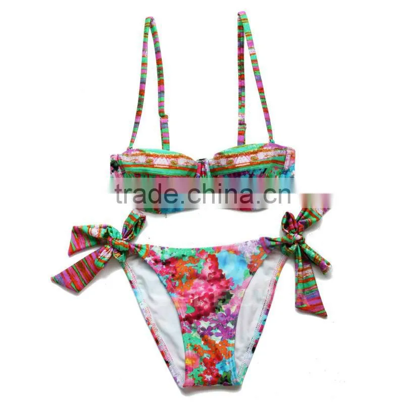 RELLECIGA Digital Floral Print Bikini Series - Longline Bandeau Top & Adjustable Bottom Bikini Swimwear with Spliced Detail