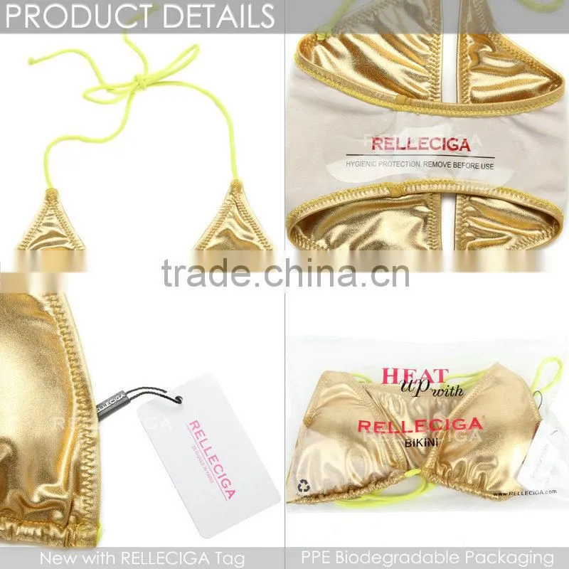 RELLECIGA 2016 Cherry Collection - Golden Foil Bikini Swimwear withTriangle Top&Brazilian Cut Butt