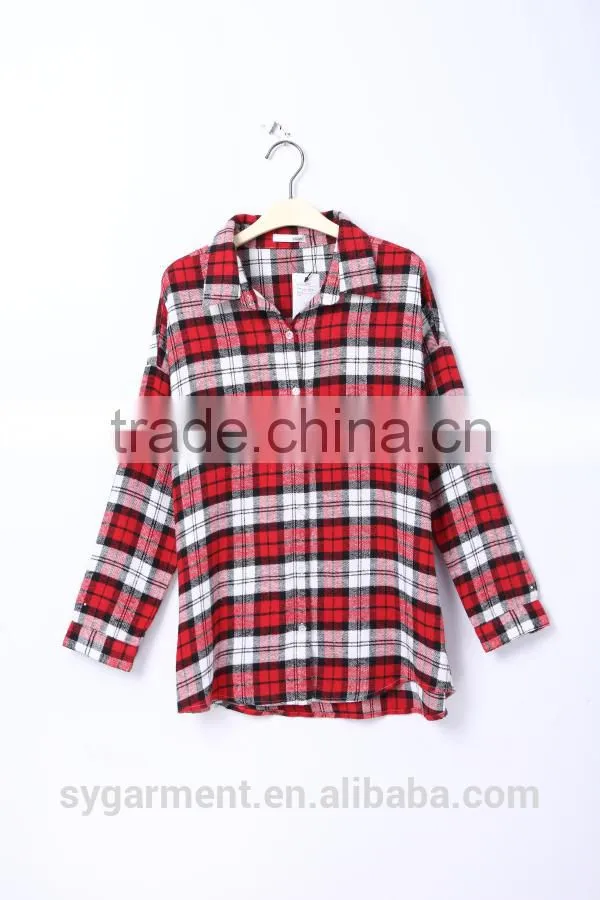 Women fashion long sleeve red plaid shirt