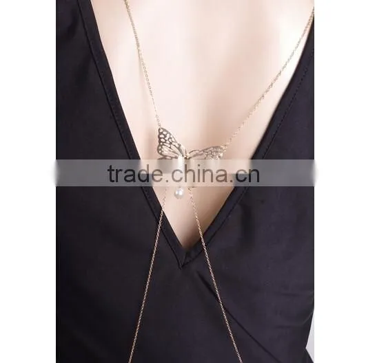 2016 Sexy Women Back Butterfly Pearl Water Drop Alloy Body Belly Chian