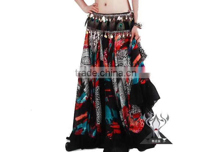 Bohemian Gypsy Chiffon Belly Dance Circle Skirt with Floral Prints