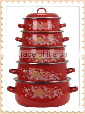 Graceful Red Full Decal Double Handle Enamel Cookware Set Kitchenware Enamel Pot 5 Pcs Stock Belly Pot With Lid