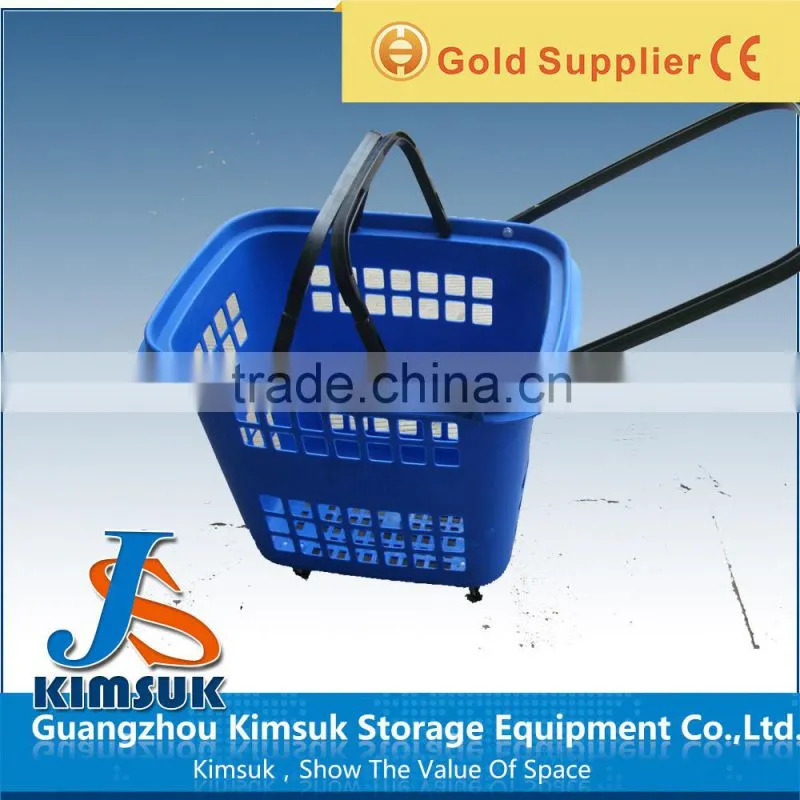 Supermarket Plastic Rolling Shopping Basket with Wheels