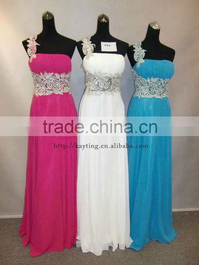 Sexy backless one-shoulder ruffle embroidered blue crystal dress