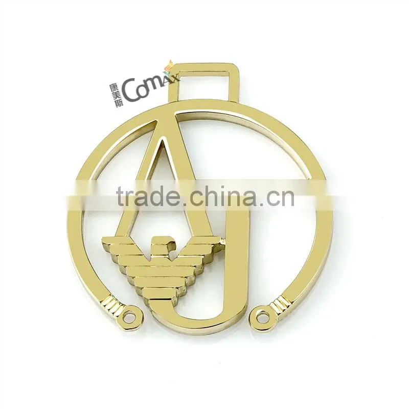 Hollowed metal brand designer handbags logo design with hanging hole